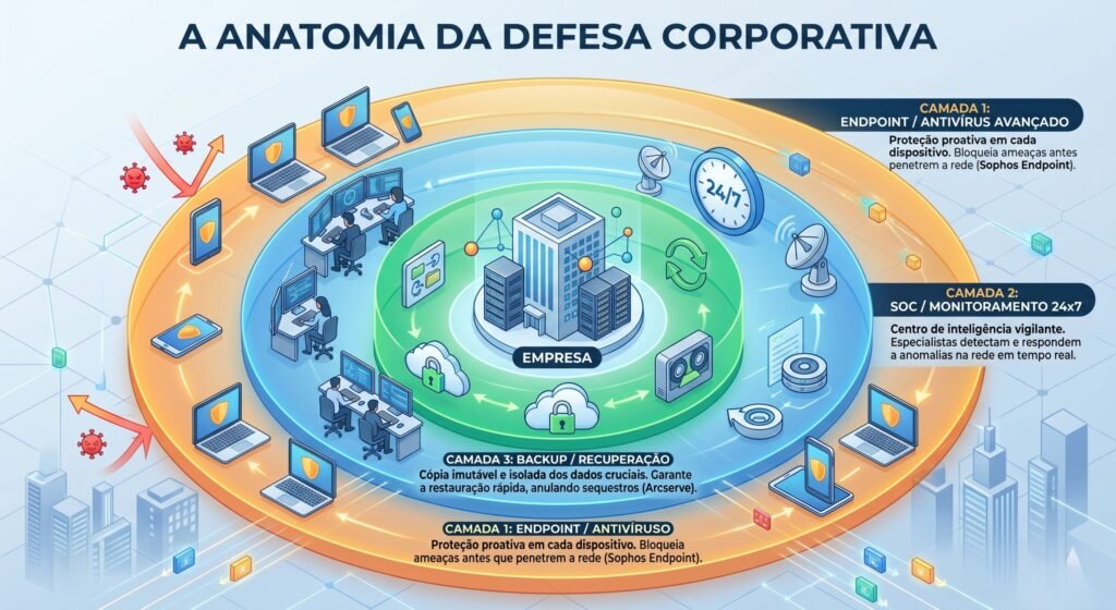 Infográfico ilustrando a Anatomia da Defesa Corporativa em 3 camadas concêntricas de cibersegurança. A camada externa (laranja) mostra a proteção de Endpoint e Antivírus bloqueando ameaças nos dispositivos. A camada intermediária (azul) ilustra o monitoramento de rede SOC 24x7 por especialistas. A camada interna (verde), no núcleo da empresa, exibe o sistema de backup imutável e recuperação de dados para proteção contra ransomware.