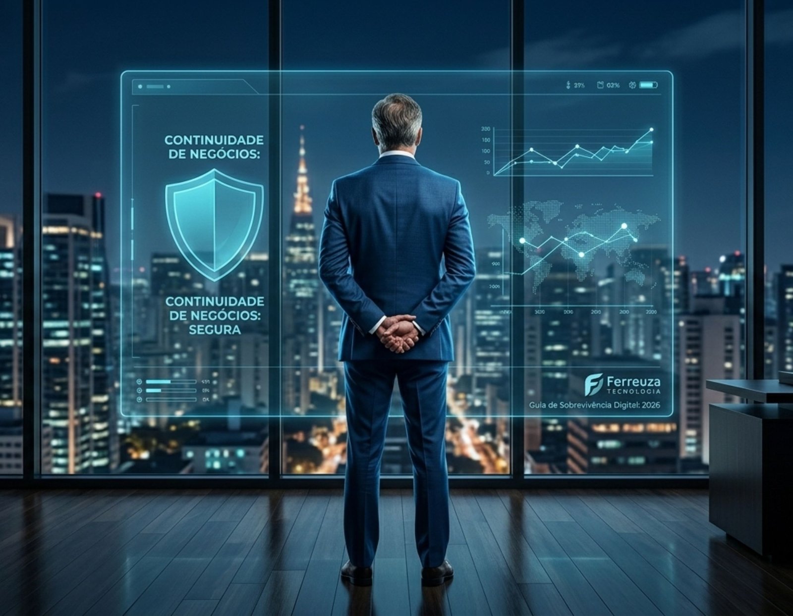 Executivo C-level em um escritório corporativo noturno, observando um painel holográfico azul de segurança da informação focado em continuidade de negócios, proteção de dados e gestão de riscos cibernéticos.