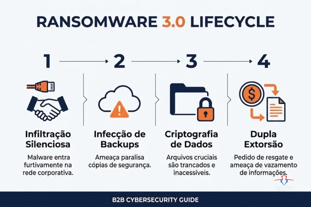 O Guia de Sobrevivência Digital em 2026: Cibersegurança para Empresas na Prática 2 nfográfico detalhando as quatro etapas do ataque de Ransomware 3.0 e a dupla extorsão contra empresas.