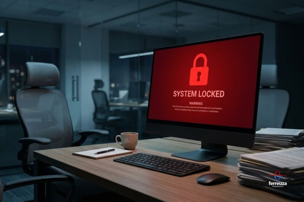 O Guia de Sobrevivência Digital em 2026: Cibersegurança para Empresas na Prática 1 Tela de computador em escritório escuro exibindo mensagem de ataque de ransomware e sequestro de dados corporativos.