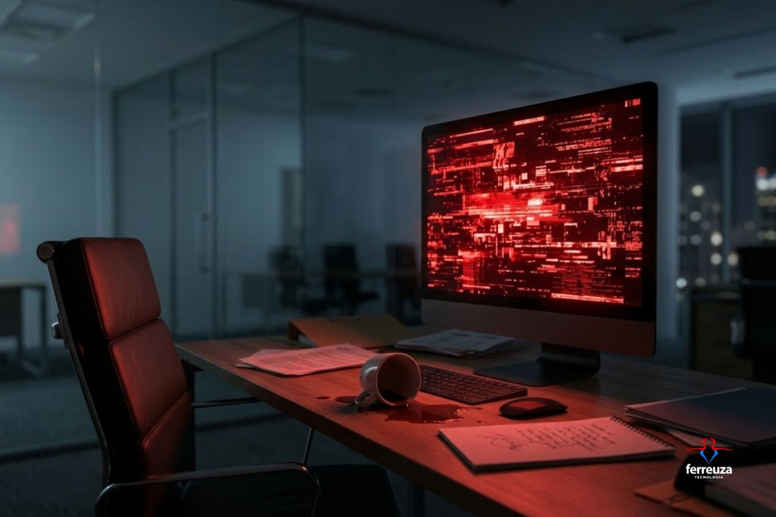 Home 8 Monitor de computador exibindo tela vermelha corrompida em um escritório escuro com café derramado na mesa, simbolizando o impacto de um ataque hacker e a urgência da cibersegurança para empresas.