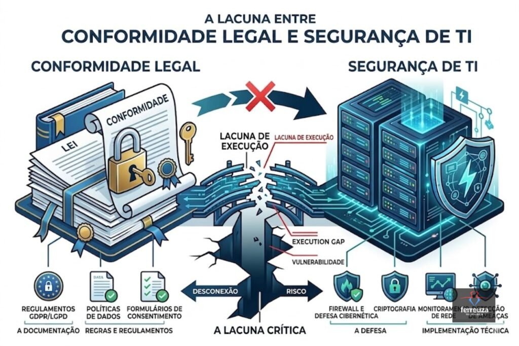 Um infográfico detalhado que visualiza a desconexão crítica entre a conformidade legal e a segurança de TI no contexto de regulamentos como GDPR/LGPD. O título principal no topo lê: "A LACUNA ENTRE CONFORMIDADE LEGAL E SEGURANÇA DE TI".
O lado esquerdo, rotulado "CONFORMIDADE LEGAL", "A DOCUMENTAÇÃO" e "REGRAS E REGULAMENTOS", apresenta livros de direito (com "LEI"), um pergaminho de conformidade com cadeado, chaves e selos. Abaixo estão ícones para "REGULAMENTOS GDPR/LGPD", "POLÍTICAS DE DADOS" e "FORMULÁRIOS DE CONSENTIMENTO", todos com marcas de verificação, indicando a conclusão da papelada.
O lado direito, rotulado "SEGURANÇA DE TI", "A DEFESA" e "IMPLEMENTAÇÃO TÉCNICA", mostra um rack de servidores protegido por um escudo digital com um símbolo de raio. Abaixo estão ícones para "FIREWALL E DEFESA CIBERNÉTICA", "CRIPTOGRAFIA", "MONITORAMENTO DE REDE" e "DETECÇÃO DE AMEAÇAS", todos com marcas de verificação, indicando a implementação técnica.
O centro apresenta a "A LACUNA CRÍTICA", visualizada como uma ponte de pedra em ruínas e fumegante, partida em dois pedaços sobre um abismo. Texto na ponte diz "LACUNA DE EXECUÇÃO". Acima da lacuna, um grande "X" vermelho está entre setas opostas, simbolizando a desconexão. No abismo, texto adicional rotula "EXECUTION GAP", "VULNERABILIDADE", "DESCONEXÃO" (apontando para a esquerda, para o lado legal) e "RISCO" (apontando para a direita, para o lado de TI). A mensagem principal é que ter apenas a conformidade legal não garante a segurança de TI, e vice-versa, criando uma lacuna arriscada.