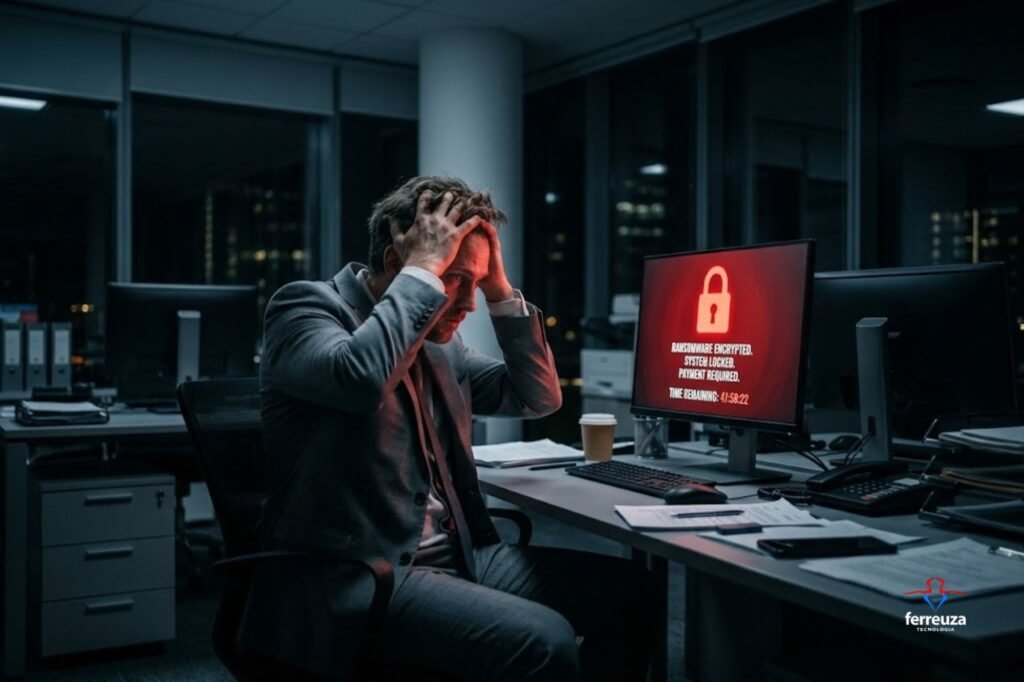 Uma imagem cinematográfica e fotorrealista de um gerente de negócios visivelmente desesperado e estressado, sentado com as mãos na cabeça em um escritório corporativo escuro à noite. Ele olha para um monitor de computador que exibe uma tela vermelha brilhante de bloqueio de ransomware, mostrando claramente um ícone de cadeado e o texto: "RANSOMWARE ENCRYPTED. SYSTEM LOCKED. PAYMENT REQUIRED." (RANSOMWARE CRIPTOGRAFADO. SISTEMA BLOQUEADO. PAGAMENTO NECESSÁRIO.) e um cronômetro de contagem regressiva. A luz vermelha da tela ilumina seu rosto em angústia.