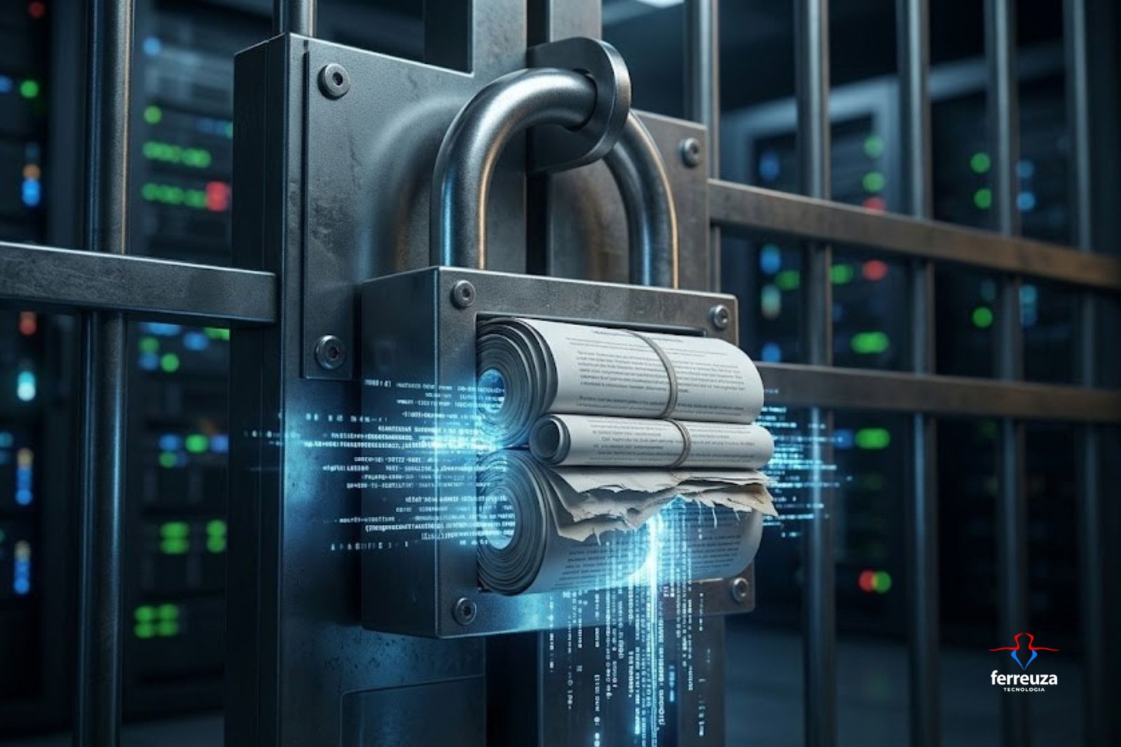 Cadeado de metal com o miolo feito de rolos de documentos de papel jurídico, sendo trespassado por fluxos de dados digitais azuis vazando, em um ambiente de datacenter. A imagem ilustra a falha da proteção baseada apenas em papel e a necessidade de Segurança da Informação na LGPD com barreiras tecnológicas reais.