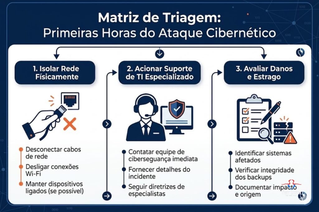 O Que Fazer Após Ataque Cibernético na Empresa? (Guia Imediato Para Hoje) 2 Esta imagem é um infográfico intitulado "Matriz de Triagem: Primeiras Horas do Ataque Cibernético", que descreve um processo de três etapas para lidar com um ataque cibernético inicial. O fundo é azul-escuro com um padrão de rede digital. As três colunas principais são:
Isolar Rede Físicamente: Inclui um ícone de uma mão desconectando um cabo Ethernet de uma porta com um 'X' laranja. Abaixo estão os tópicos: "Desconectar cabos de rede", "Desligar conexões Wi-Fi" e "Manter dispositivos ligados (se possível)".
Acionar Suporte de TI Especializado: Inclui um ícone de um agente de suporte de TI com fones de ouvido em frente a um monitor de computador com um grande escudo azul e uma marca de verificação branca. Abaixo estão os tópicos: "Contatar equipe de cibersegurança imediata", "Fornecer detalhes do incidente" e "Seguir diretrizes de especialistas".
Avaliar Danos e Estrago: Inclui um ícone de uma prancheta com uma lista de verificação, uma lupa sobre unidades de armazenamento de dados empilhadas (servidores) e um pequeno ícone de aviso laranja com uma marca de exclamação. Abaixo estão os tópicos: "Identificar sistemas afetados", "Verificar integridade dos backups" e "Documentar impacto e origem".