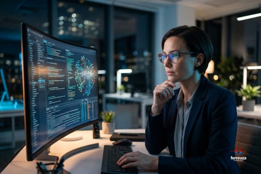 O Que Fazer Após Ataque Cibernético na Empresa? (Guia Imediato Para Hoje) 1 Uma profissional de TI com óculos e blazer escuro sentada em um escritório moderno à noite, analisando atentamente um grande monitor curvo. O monitor exibe código de programação complexo e visualizações de gráficos de dados em rede. Sua mão está apoiada no queixo em pose de reflexão, com reflexos de luzes neon azuis e laranjas em seu rosto e óculos. O ambiente de fundo mostra luzes da cidade embaçadas. O clima é de foco estratégico e controle