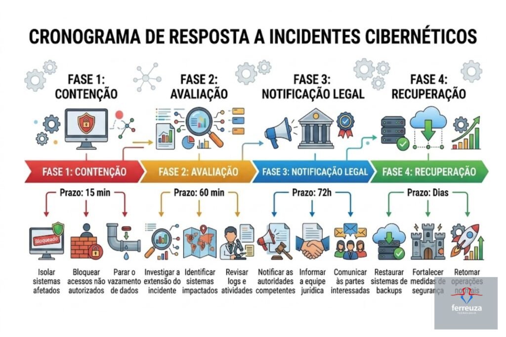O que fazer imediatamente se a sua empresa sofrer um ataque cibernético hoje? (Passo a Passo) 2 Um infográfico detalhado em português, intitulado 'CRONOGRAMA DE RESPOSTA A INCIDENTES CIBERNÉTICOS', com um fundo branco limpo e design vetorizado colorido. Ele apresenta um fluxo horizontal de quatro fases distintas, cada uma com um banner horizontal e prazos específicos.
Fase 1: Contenção (Vermelho, 15 min): Com ícones e legendas para: Isolar sistemas afetados (computador bloqueado), Bloquear acessos não autorizados (pessoa atrás de uma barreira), Parar o vazamento de dados (cano fechado).
Fase 2: Avaliação (Laranja, 60 min): Com ícones e legendas para: Investigar a extensão do incidente (lupa sobre gráficos), Identificar sistemas impactados (mapa-múndi), Revisar logs e atividades (pesquisador analisando documentos).
Fase 3: Notificação Legal (Azul, 72h): Com ícones e legendas para: Notificar as autoridades competentes (megafone e tribunal), Informar a equipe jurídica (aperto de mão e papel), Comunicar às partes interessadas (grupo de pessoas recebendo mensagens).
Fase 4: Recuperação (Verde, Dias): Com ícones e legendas para: Restaurar sistemas de backups (servidor com nuvem e setas), Fortalecer medidas de segurança (castelo fortificado), Retomar operações normais (foguete decolando sobre gráficos).
O layout é organizado em colunas paralelas e o texto é nítido e legível.