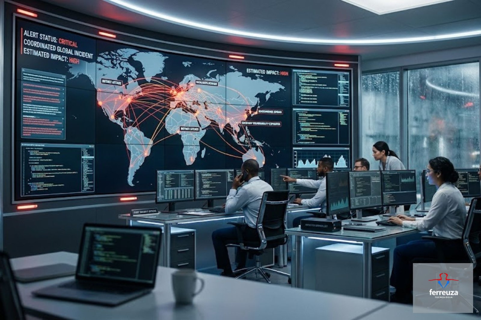 Home 7 Equipe de especialistas em segurança de TI focada monitorando múltiplos painéis em uma sala de controle com iluminação azul, respondendo ativamente a um ataque cibernético hoje. Ao fundo, um telão exibe um mapa-múndi com alertas críticos em vermelho.