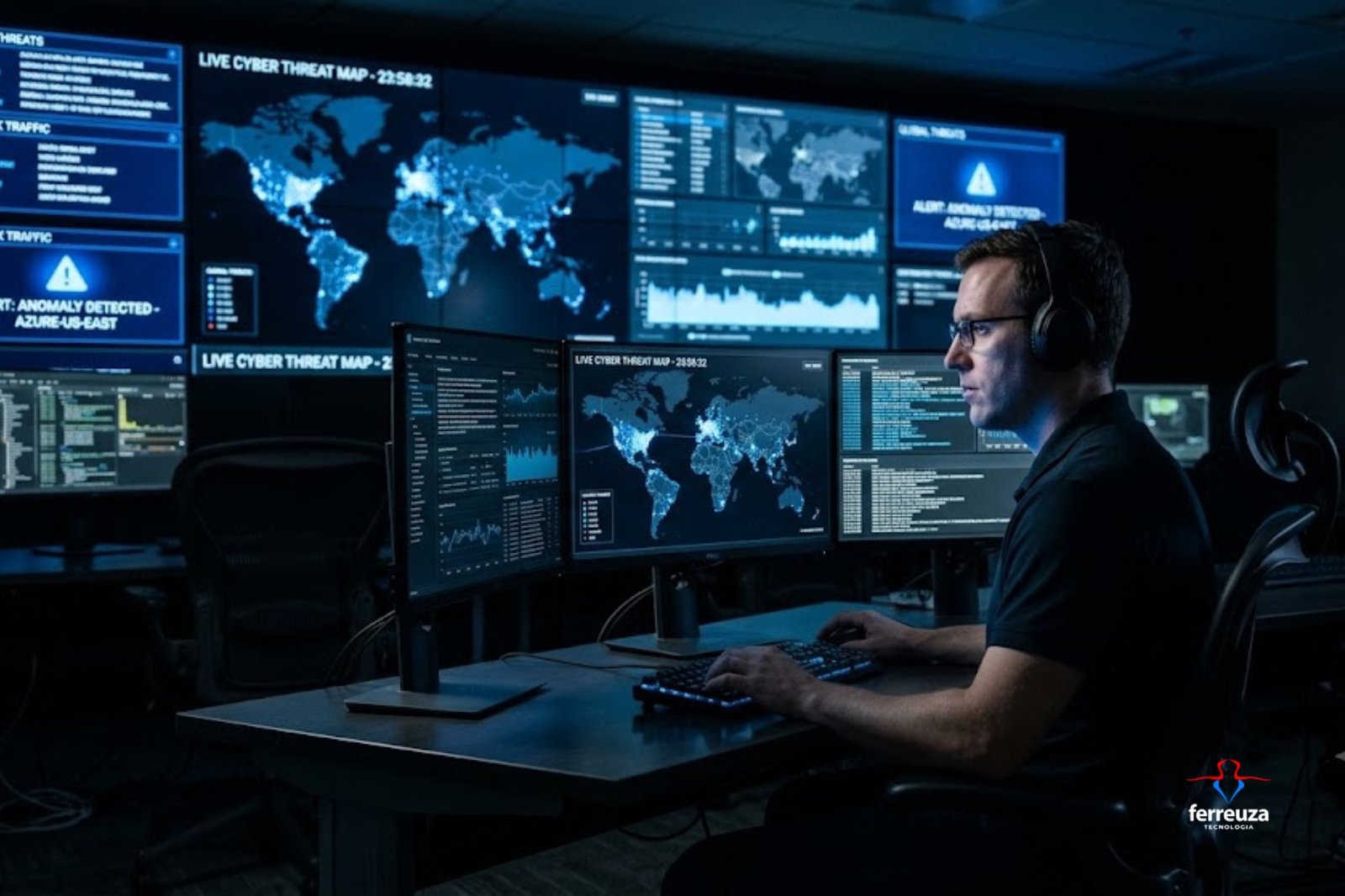 Home 7 Um analista de segurança focado em monitores em um Centro de Operações de Segurança (SOC) moderno e sofisticado, monitorando mapas de ameaças globais. Esta imagem representa o nível de proteção e a expertise que as empresas ganham ao escolher terceirizar o SOC para especialistas em cibersegurança.