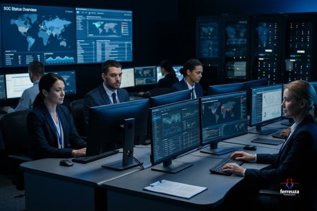 O Hub Central sobre Cibersegurança: Por Que Terceirizar o SOC Salva Negócios em 2026 1 Uma sala moderna e escurecida de operações de segurança (SOC). Profissionais focados trabalhando em frente a monitores múltiplos exibindo dashboards de rede e mapas globais de ameaças. A iluminação ambiente é suave, com tons predominantes em azul corporativo (#0B78F8) e preto (#000000). O ambiente transmite foco, alta tecnologia e controle absoluto, sem exageros de ficção científica. Estilo realista e cinematográfico, com foco na expressão de tranquilidade e domínio técnico dos operadores. Negative prompt: cartoon, ilustração exagerada, textos ou logotipos falsos, ficção científica futurista, cores neon excessivas.