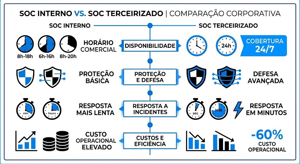 O Hub Central sobre Cibersegurança: Por Que Terceirizar o SOC Salva Negócios em 2026 2 Infográfico corporativo minimalista comparando "SOC Interno vs. SOC Terceirizado" em formato de linha do tempo vertical com ícones simples (cadeado, escudo, relógio 24h, gráfico de custo decrescente). Paleta de cores azul corporativo (#0B78F8), preto (#000000) e branco. Tipografia sans-serif limpa, estilo dashboard/relatório executivo. Sem texto longo — apenas números, ícones e palavras-chave curtas como "24/7", "-60% custo", "resposta em minutos". Negative prompt: excesso de texto, fontes decorativas, cores fora da paleta, estilo infantil.
Alt text: Infográfico comparativo mostrando os benefícios de custo e velocidade de resposta de um SOC terceirizado 24 horas em relação a uma equipe de TI interna tradicional.