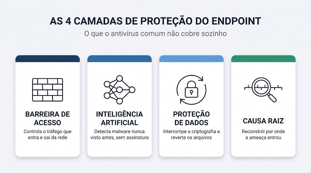 Antivírus Corporativo: Qual a Diferença Real entre o Antivírus Comum e o Sophos Endpoint com Firewall? 1 Infográfico com as quatro camadas de proteção de um endpoint corporativo: firewall, deep learning, anti-ransomware e análise de causa raiz.