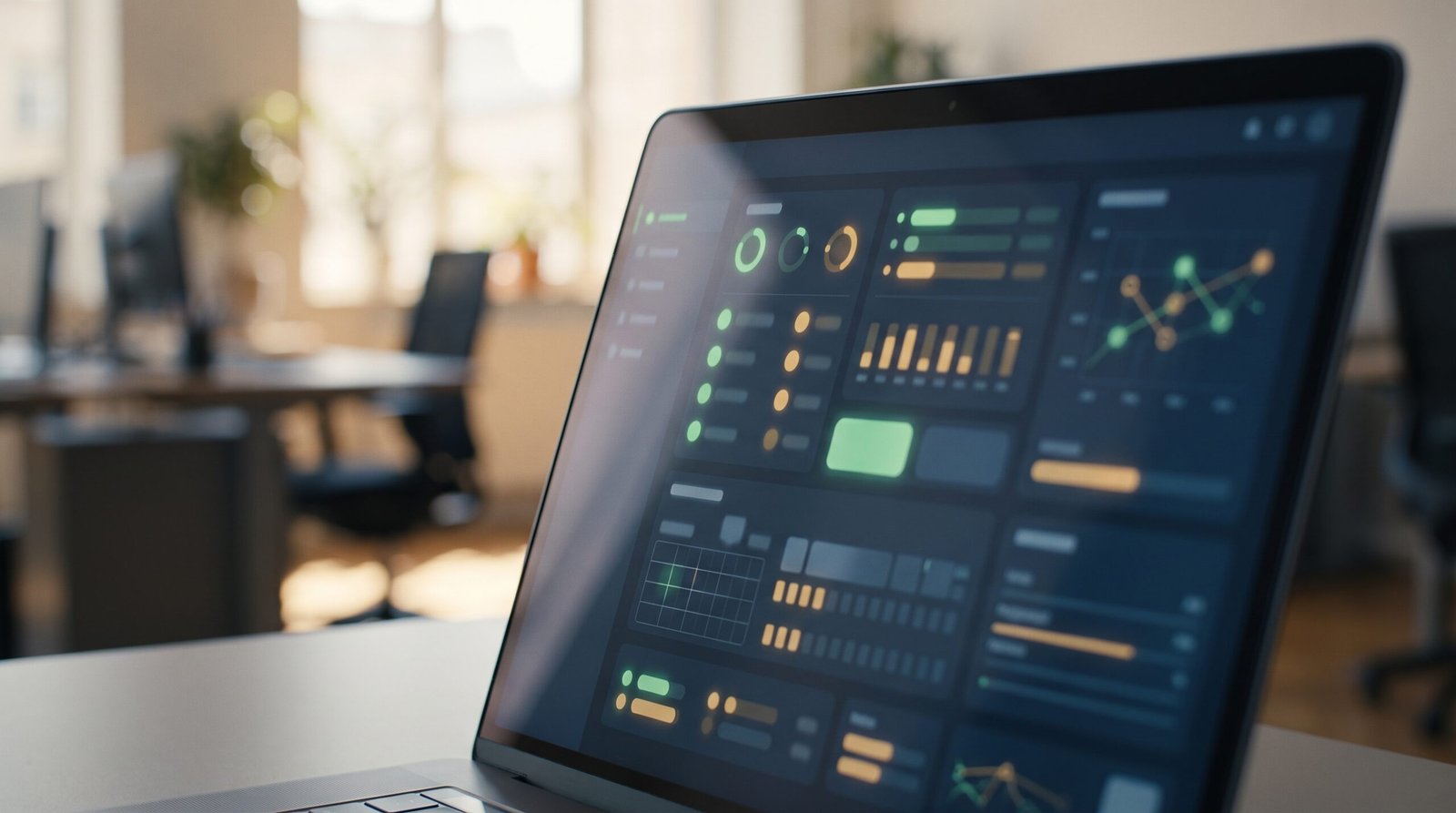Home 7 Laptop corporativo exibindo um painel de segurança com indicadores de status, representando a gestão centralizada de um antivírus corporativo.